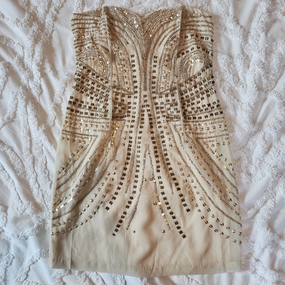 H &M mini strapless beige gold sequin dress size 6